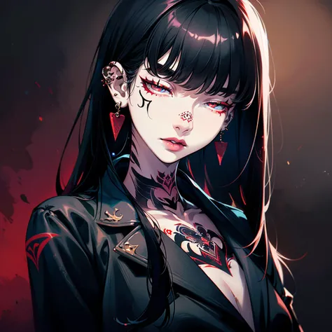 1girl, red background, bangs, long black hair, red background, red eyes, bow, earrings, (jewelry:1.3), looking at viewer, makeup, (neck tattoo:1.3), piercing, messy hair, solo, (tattoo:1.3), ((dark_background:1.5))