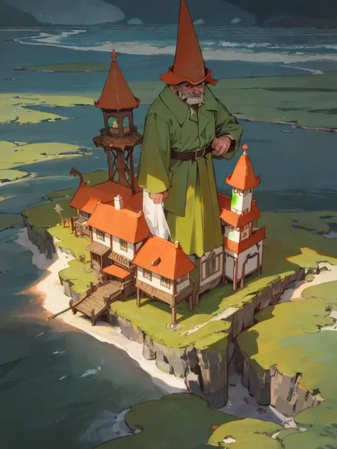 outside, Extreme Wide Shot,ifrit, mischievous, solitary,old men wearing green coats and buckled shoes, 3-4 feet tall, crafty and elusive, fantasy, seaside resort dwelling place in marsh biome, evening