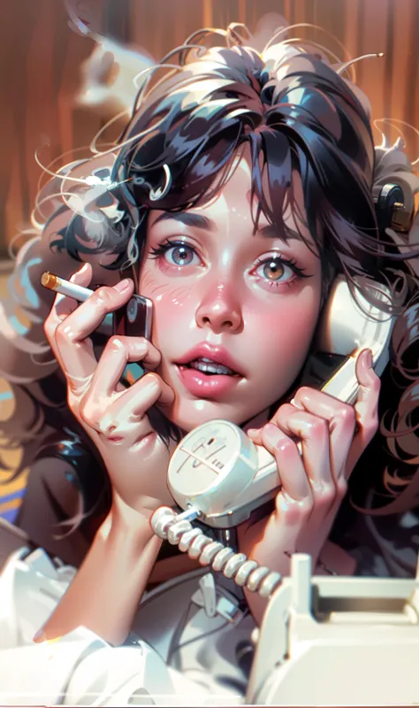 1girl, blurry, blurry background, blurry foreground, depth of field, lips, lying, nose, open mouth, photorealistic, realistic, short hair, solo, teeth, cigarette in hand, cigarette, old phone, phone, dial phone, holding, holding cigarette, holding phone,