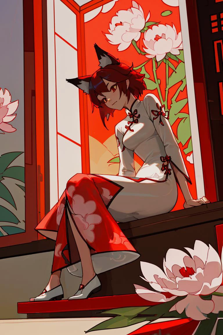 a fox wearing a white cheongsam with peony pattern, sitting by a red Chinese window