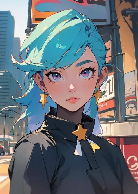 best quality, 4K wallpaper, masterpiece, extremely detailed CG unity 8k wallpaper, extremely detailed eyes, ultra-detailed, intricate details, (1girl), star earrings, blue star neck ribbon, multicolored hair, light violet,  blue half yellowless eyes, public, outdoors, road sign, city,  <lora:more_details:-0.6>, ((retro art style, neon_pop art style, art style)), (close-up, dynamic angle), (realistic:1.4),