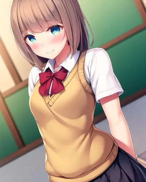 (sfw), 1girl, blush, smile, cowboy shot, dynamic angle, arms behind back, small breasts, looking_at_viewer, school_uniform, shirt, skirt, <hypernet:daiaru:1>