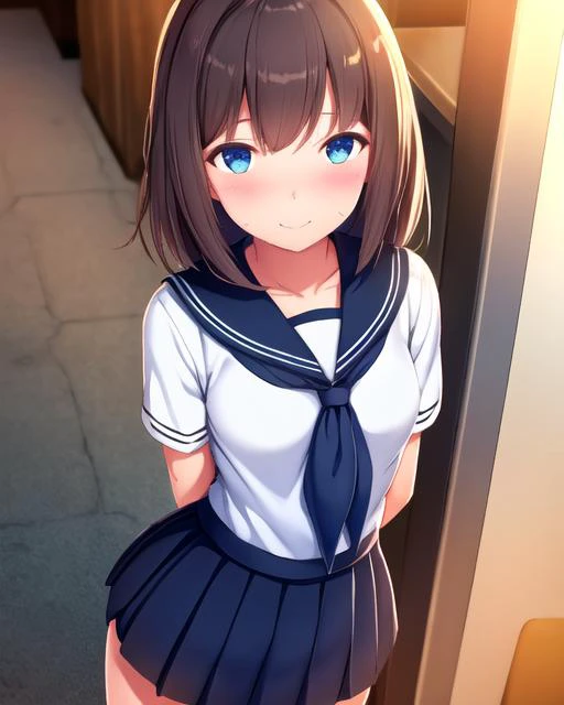 (sfw), 1girl, blush, smile, cowboy shot, dynamic angle, arms behind back, small breasts, looking_at_viewer, school_uniform, shirt, skirt, <hypernet:daiaru:1>