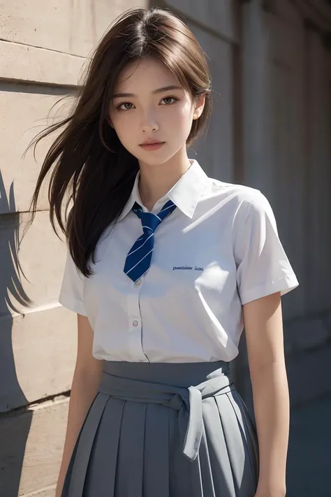 Best quality,masterpiece,ultra high res,(photorealistic),raw photo,(Authentic skin texture:1.1),panorama,1girl,character portrait,cinematic lighting,drop shadow,very wide shot,(ponytail:0.8),narrow waist,Tyndall effect,hollow eyes,<lora:asianGirlsFace_v1:0.5:FACE>,beautiful detailed eyes and face,white short school uniform black skirt,head down,brown eyes,waist_up,upper body,