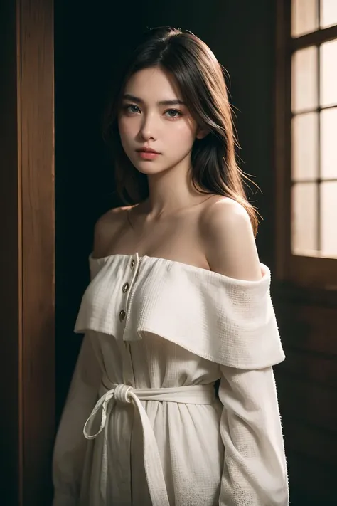 Best quality, masterpiece, ultra high res, (photorealistic:1.4), raw photo, (Authentic skin texture:1.3), (film grain:1.3), panorama, character portrait, very wide shot, half body, narrow waist, cowboy shot, in the dark, deep shadow, low key, cold light, night,
indoor, a beam of light, dust, Tyndall effect, sad, disappointed, gloom (expression), hollow eyes, against window, 1girl, beautiful detailed eyes and face, white jabot, off shoulder, head down, brown eyes,<lora:FilmVelvia3:0.6><lora:asianGirlsFace_v1:0.6:FACE> , <lora:lowkey_v1.1:1>