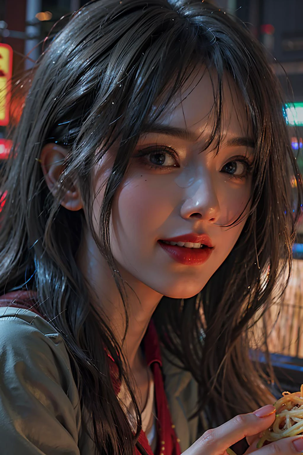(masterpiece), best quality, ultra high res, close up, slim body, 1girl,school uniform, long hair, laughing, ramen, night, Tokyo restaurant background, colorful lights, photon mapping, radiosity, physically-based rendering, cinematic lighting, intricate, High Detail, Sharp focus, dramatic, photorealistic <lora:asianGirlsFace_v1:0.7>