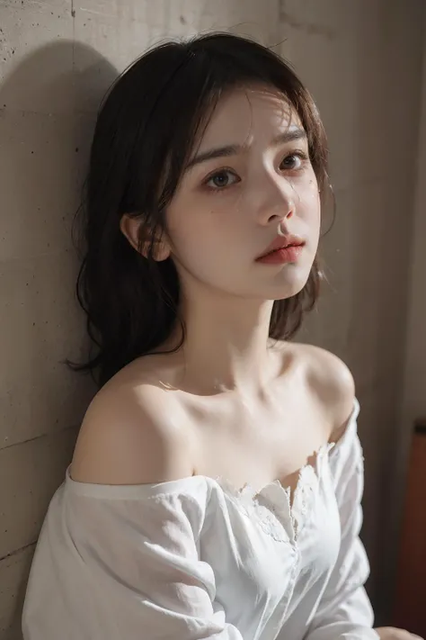 Best quality, masterpiece, ultra high res, (photorealistic:1.4), raw photo, (Authentic skin texture:1.3), (film grain:1.3), panorama, character portrait, very wide shot, narrow waist, cowboy shot, (in the dark, deep shadow, low key, cold light,) night, close-up, streaming tears,
indoor, dust, Tyndall effect, sad, disappointed, gloom (expression), sitting, (against wall), crying, frown, (head bowed), nervous, tearing up, lonely,
1girl, beautiful detailed eyes and face, white jabot, off shoulder, brown eyes,
<lora:FilmG2:0.6>, <lora:asianGirlsFace_v1:0.4:FACE>