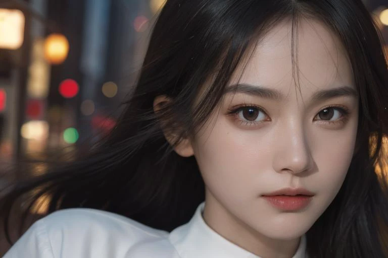 (masterpiece),(best quality),(ultra high res),(realistic detailed eyes),(realistic face details),(film grain:1.3),(Authentic skin texture:1.3),character portrait,(finely detailed),deep shadow,cowboy shot,look on viewer,from front,1girl,solo,beautiful detailed eyes and face,standing on street,lampent,(a busy street),(The summer night),winds,(floating hair:1.2),black hair,white T-shirt,upper body,FilmG,<lora:FilmG4:0.6>,<lora:asianGirlsFace_v1:0.4:FACE>,