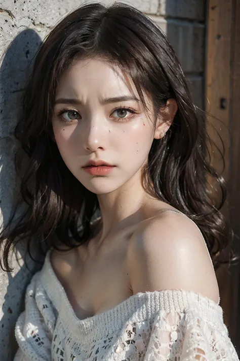 Best quality,masterpiece,ultra high res,(photorealistic:1.4),raw photo,(Authentic skin texture:1.3),(film grain:1.3),panorama,character portrait,very wide shot,narrow waist,cowboy shot,(in the dark, deep shadow, low key, cold light,) night,close-up,streaming tears,
indoor,dust,Tyndall effect,sad,disappointed,gloom (expression),sitting,(against wall),crying,frown,(head bowed),nervous,tearing up,lonely,
1girl,beautiful detailed eyes and face,white jabot,off shoulder,brown eyes,
<lora:FilmgirlLora_v30:0.6> <lora:asianGirlsFace_v1:0.4:FACE>,