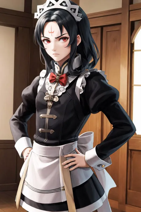 masterpiece, best quality, 1boy, solo, standing, <lora:soren-nvwls-v1-final:1> soren, forehead mark, <lora:FEFatesMaid_v1:1> fates maid, maid headdress, serious, hands on hips