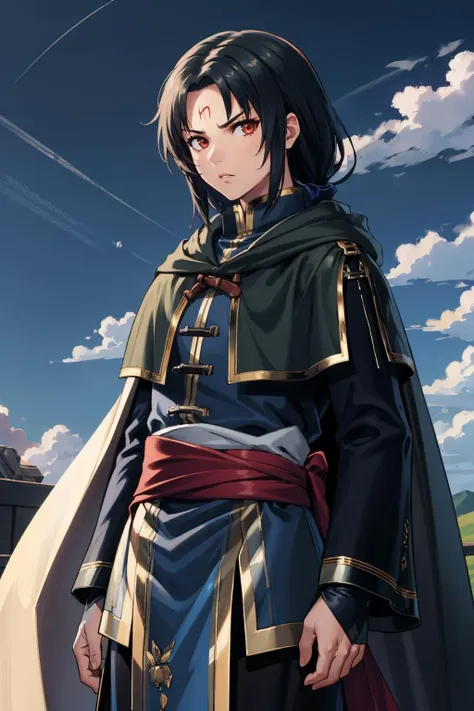 masterpiece, best quality, defsoren, black cape, black robe, sash, cowboy shot, serious, looking at viewer, arms at sides, dark skies, clouds <lora:soren-nvwls-v1-000010:0.9>