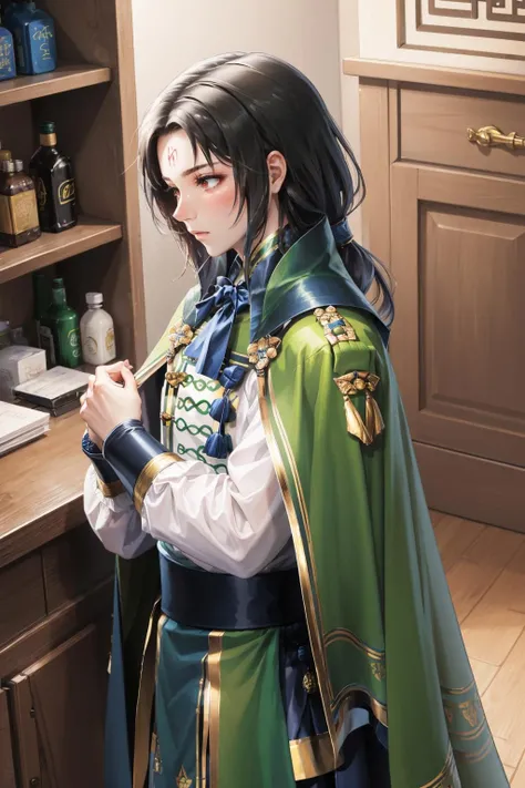 masterpiece, best quality, valSoren, green cape, chinese clothes, standing, cowboy shot, from side, from above, blushing, village <lora:soren-nvwls-v1-000010:0.9>