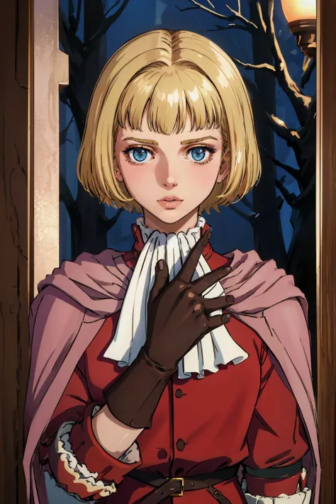 masterpiece, best quality, <lora:Farnese_V8-E09_(Berserk):0.8> farnejour, bob cut, cloak, ascot, red shirt, long sleeves, gloves, 1990s_(style), forest, upper body, looking at viewer, portrait, hand to heart