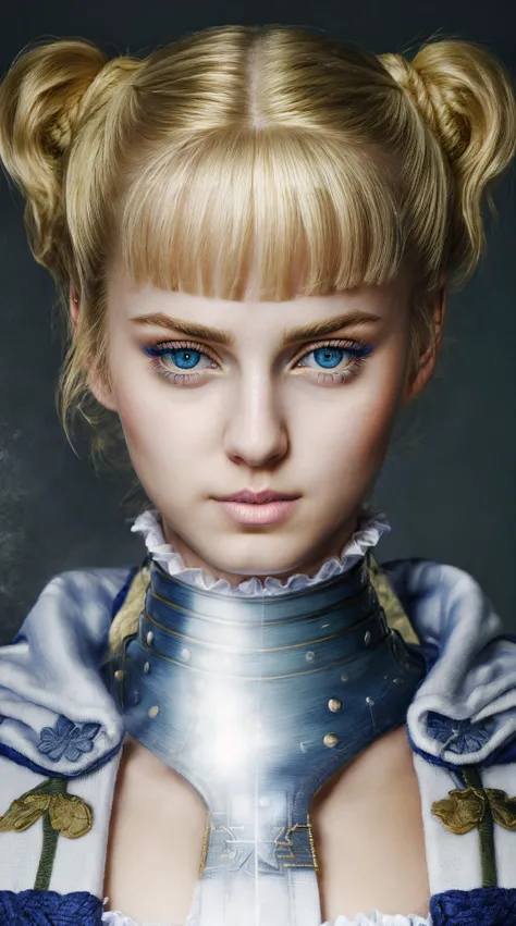 farnearm ((best quality)), ((masterpiece)), (detailed), A gorgeous soldier woman, short twin-tails, , blond hair, blue eyes <lora:farnearm:1> <lora:hairdetailer:1> serious face,