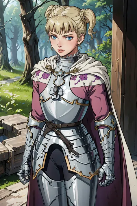 masterpiece, best quality, <lora:Farnese_V8-E09_(Berserk):0.8> farnearm, short twintails, armor, breastplate, gauntlets, belt, cape, armored boots, (lips:0.7), mature female, cowboy shot, dirt road, forest, looking at viewer