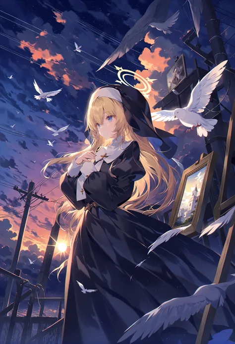 best quality, masterpiece,
////////////////
1girl, long hair, blonde hair, dress, black dress, bird , halo, painting \(object\), blue eyes, solo, dove, looking at viewer, picture frame, long sleeves, white bird, very long hair, nun, standing, bangs, habit, parted lips, angel, closed mouth ,sky, cloud, scenery, outdoors, power lines, utility pole, star (sky), blue sky, cloudy sky, sunset, starry sky