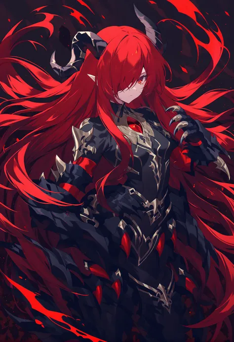 best quality,
solo, long hair, hair over one eye, looking at viewer, claws, horns, closed mouth, 1girl, red eyes