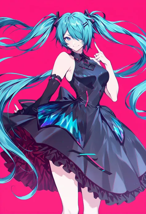 best quality, masterpiece,
//////////////// 
1girl, solo, pink background, twintails, long hair, dress, hatsune miku, hair over one eye, very long hair, blue eyes, aqua hair, hair ornament, looking at viewer, smile, simple background, index finger raised, blue hair 
//////////
 <lora:ABXL128dim-000106:1>