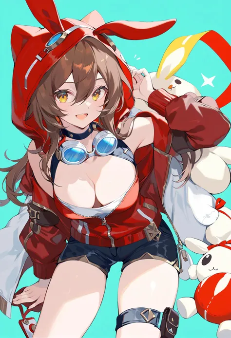 best quality, masterpiece,
//////////////// 
amber \(genshin impact\), 1girl, hood, brown hair, goggles, long hair, jacket, hair between eyes, bangs, solo, goggles around neck, looking at viewer, yellow eyes, breasts, aqua background, long sleeves, shorts, red ribbon, animal ears, red jacket, lips , rabbit ears, o_o, open mouth, stuffed toy, ribbon, cleavage, smile 
//////////