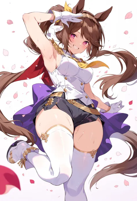 masterpiece, best quality,
1girl, solo, animal ears, horse ears, tail, horse tail, horse girl, long hair, gloves, thighhighs, brown hair, smile, white thighhighs, petals, white background, white gloves, boots, shorts, ponytail, arm up, looking at viewer, pink eyes, simple background, epaulettes, sleeveless, armpits, white footwear, yellow neckerchief, neckerchief, breasts, flower-shaped pupils, sweat, standing on one leg, hairband, black shorts, grin, blush, symbol-shaped pupils, symbol in eye, standing