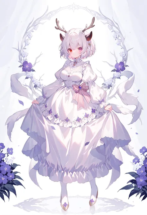 masterpiece, best quality,
1girl, solo, dress, puffy sleeves, flower, full body, short hair, long sleeves, white hair, white dress, antlers, heterochromia, animal ears, puffy long sleeves, skirt hold, looking at viewer, purple flower, standing, red eyes, horns, white background, pink eyes, tail, bangs, frills, hair between eyes, breasts