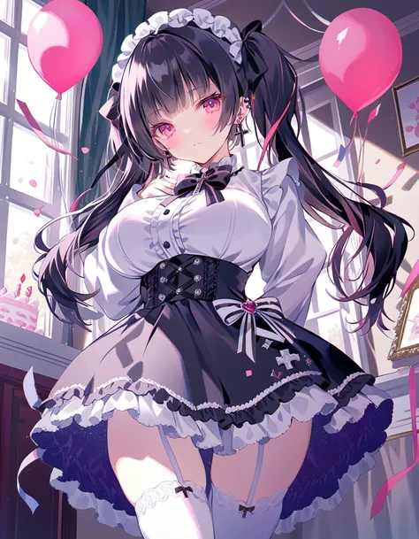 best quality, masterpiece, 1girl, solo, happy birthday, birthday, balloon, confetti, black hair, twintails, thighhighs, blush, skirt, looking at viewer, long hair, breasts, shirt, frills, long sleeves, ribbon, white thighhighs, black skirt, cross earrings, black ribbon, jewelry, jirai kei, cross, hair ribbon, white shirt, earrings, closed mouth, black bow, pink eyes, zettai ryouiki, bow, high-waist skirt, black bowtie, sidelocks, cowboy shot, large breasts, indoors, v arms, frilled skirt, frilled shirt, neck ribbon, blunt bangs, very long hair, bowtie, ear piercing, curtains, piercing, own hands together, window