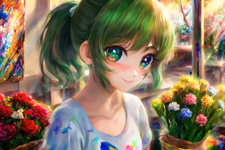 (masterpiece), (highly detailed, HQ), light rays, (light particles), ((tone mapping)), uncensored, flower shop at (( evening ) background, 
(1girl), ((cute)), (upper body), short ponytail, ( white hair ), anime dark green eyes, (big eyes:1.25), solo, happy, :3, [blush], ((( artist painter ))), looking at viewer
