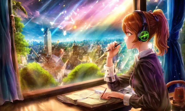 (((lofi))), (1girl), (focus eyes), (perfect face), short ponytail, from side, sitting at desk, (looking down), writing in book, window to city at night, headphones, lantern, light rays, (light particles), stars, magic, cat, plant, ((tone mapping)), detailed hand, music, lofi girl \(youtube\), ((((dusk)))), (Anton Fadeev)