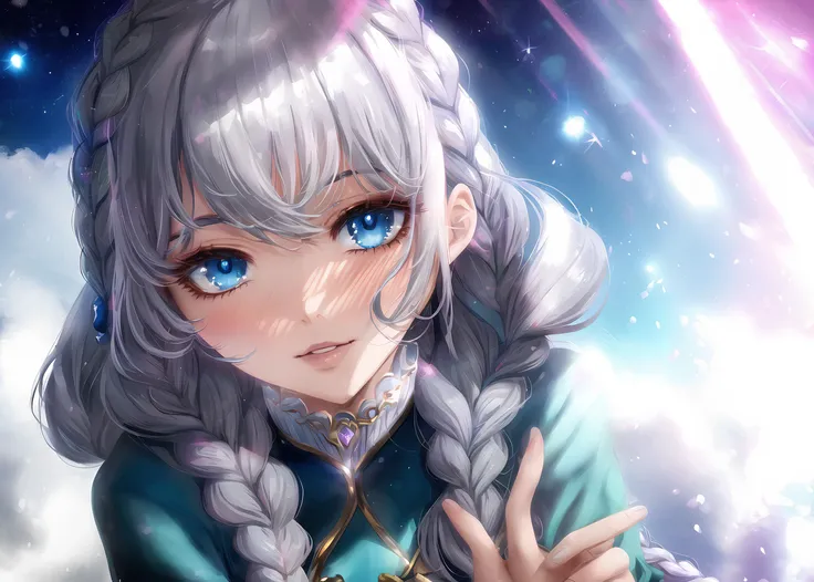 (masterpiece), (highly detailed, HQ), (((1girl))), ( Irish ), (perfect face), (sexy), smooth, uncensored, looking at camera, [blush], ojou-sama pose, blue eyes, Hauberk, :o, ( hand focus ) , grey hair,  (twin braids ), curly hair, ((( spy ))), particles, magic, light rays, ( gazebo background), night, (teen)