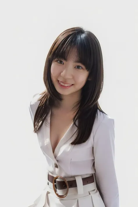 1girl, solo, small breasts, looking at viewer, realistic, photorealistic, black hair, brown eyes, lips, smile, teeth, medium hair, bangs, , hyper detailed, super sharp, crisp, smooth, smooth gradients, depth of field, (in studio: 1.1), (white background: 1.1), <lora:ayu_makihara:1>, <lora:breastsizeslideroffset:-0.4>, <lora:skin_slider_v2_1_FACE:0.5>, <lora:add_detail_v5:1>, (white shirt, short skirt, coat, belt)