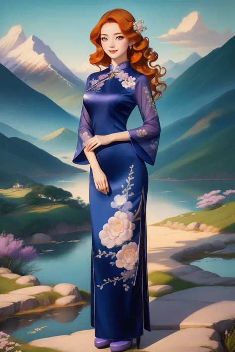 full body, (ginger wavy hair:1.3), woman, smile, ch30ngs4m_1, long silk cheongsam, silver and pale lavender embroidered flowers, sheer sleeves, hair decoration, <lora:ch30ngs4m_1-12:0.7>, sitting on a rock overlooking a cliff
