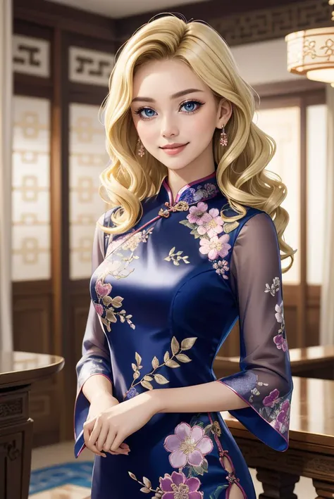 cowboy shot, (blonde wavy hair:1.3), woman, smile, ch30ngs4m_1, silk cheongsam, embroidered flowers, sheer sleeves, hair decoration, <lora:ch30ngs4m_1-12:0.6>, simple indoor background