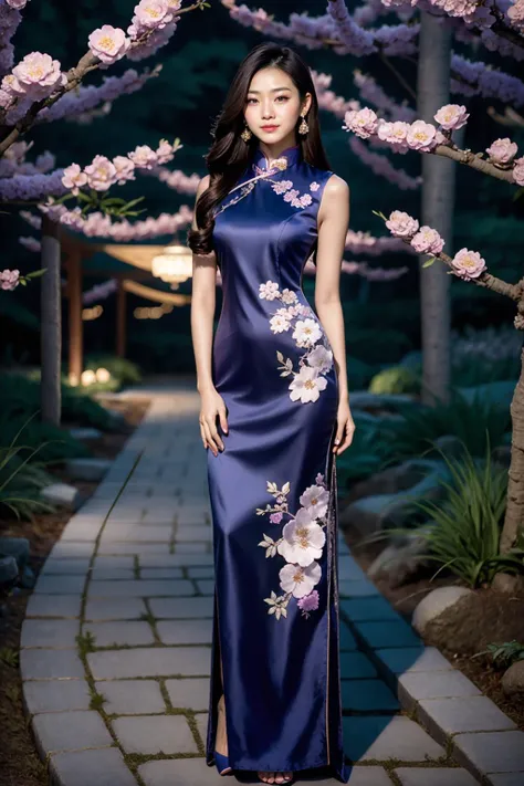 (realistic:1.3), finely detailed, quality, rembrandt lighting, (masterpiece:1.2), (photorealistic:1.2), (best quality), (detailed skin:1.3), (intricate details), dramatic, ray tracing, 1girl, chinese girl, 21 years old, detailed skin texture, (blush:0.5), (goosebumps:0.5), subsurface scattering, smiling, medium breasts, long hair, hair flower, bangs, hair between eyes, ch30ngs4m_1, blue long silk cheongsam, silver and pale lavender embroidered flowers, sleeveless, full body, contrapposto, one hand on hip, (night, night sky, outdoors, garden, plum blossom trees), <lora:ch30ngs4m_1:0.75>