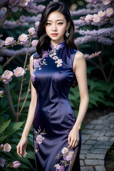 (realistic:1.3), finely detailed, quality, rembrandt lighting, (masterpiece:1.2), (photorealistic:1.2), (best quality), (detailed skin:1.3), (intricate details), dramatic, ray tracing, 1girl, chinese girl, 21 years old, detailed skin texture, (blush:0.5), (goosebumps:0.5), subsurface scattering, smiling, medium breasts, long hair, hair flower, bangs, hair between eyes, ch30ngs4m_1, blue long silk cheongsam, silver and pale lavender embroidered flowers, sleeveless, cowboy shot, contrapposto, one hand on hip, (night, night sky, outdoors, garden, plum blossom trees), <lora:ch30ngs4m_1:0.75>