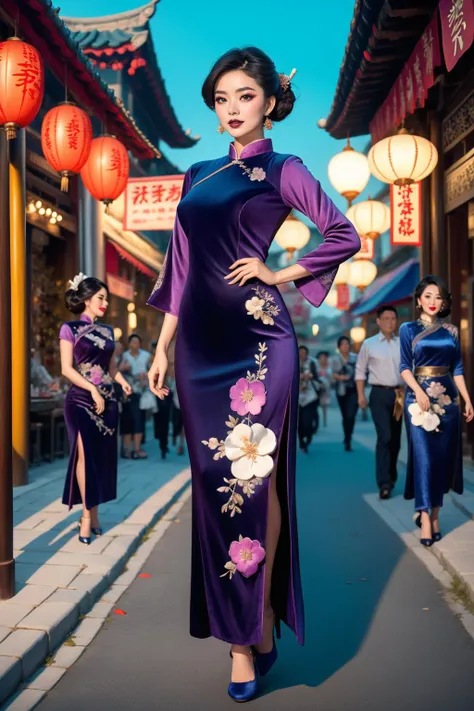 a woman in a purple dress is standing on a street