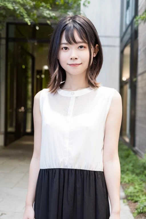 1girl, (wearing a cotton dress:1.6),(RAW photo, best quality), (realistic, photo-realistic:1.4), masterpiece, an extremely delicate and beautiful, extremely detailed, 2k wallpaper, Amazing, finely detail, extremely detailed CG unity 8k wallpaper, ultra-detailed, highres, soft light, beautiful detailed girl, extremely detailed eyes and face, beautiful detailed nose, beautiful detailed eyes,cinematic lighting,(in the city:2.0),perfect anatomy,slender body,(smile:1.4),(close up:1.4),(look at viewer),(front view:2.0),cinematic angle,(wavy short hair:1.2), <lora:mizunosaku_lora-01:0.8>