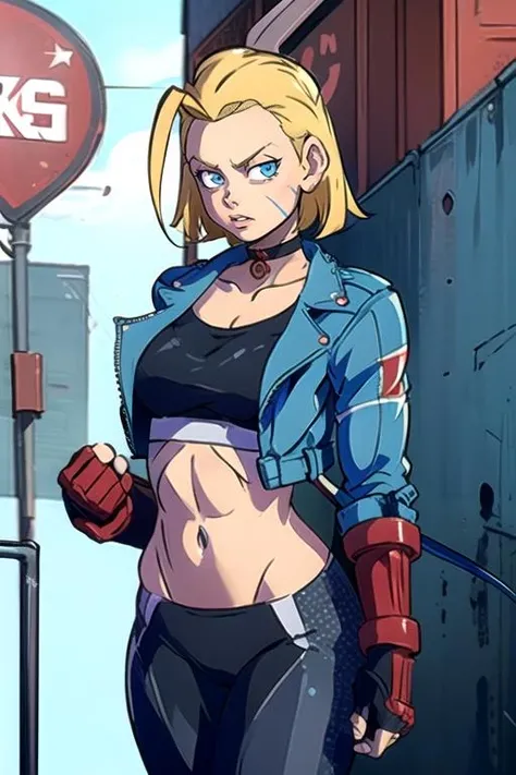 <lora:KINSHINPAIN:0.8>  1girl, solo,  cammy white, short hair, antenna hair, blue eyes, scar on cheek, large breasts, black choker, collarbone, blue jacket, cropped jacket, open jacket, sports bra, midriff, fingerless gloves, black gloves, black pants <lora:cammy_white_v1:1>