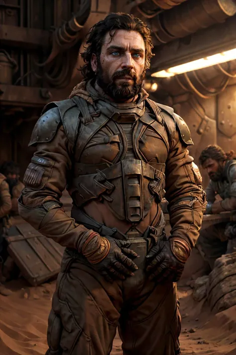 sci-fi setting,
a bearded man, in an industrial scene within the deep desert of Arrakis, where massive sandcrawlers and workers in specialized stillsuits are extracting the highly coveted spice melange. Show the colossal machines, the orange spice clouds, and the tension among the workers,
dynamic pose, dramatic, perfect hands, cinematic light, grainy film, film still,
(masterpiece, best quality, high quality), hyperdetailed, highres, high detail, intricate detail, HDR, 8k wallpaper, sharp focus, detailed background, realistic, photorealistic, perfect hands, realistic eyes, detailed skin texture, (blush:0.5), (goosebumps:0.5), subsurface scattering
<lora:add_detail:0.7>
<lora:stillsuitv0.3-000006:0.7>