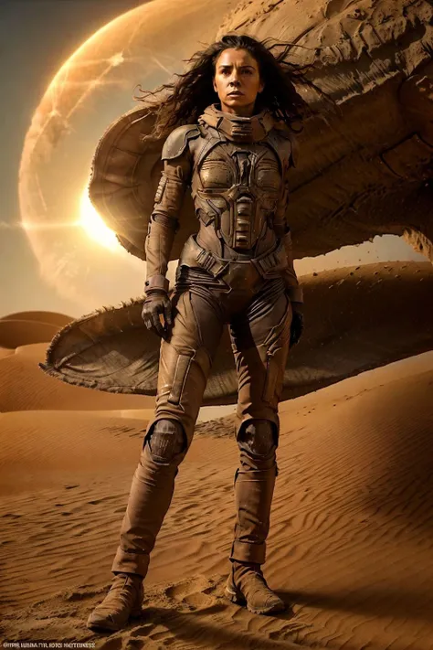 sci-fi setting, a woman wearing a stillsuit, long hair, walking in a dune, perfect hands, cinematic light, grainy film, film still, a vivid and desolate scene depicting the harsh beauty of the Arrakis desert, with its vast dunes, shifting sands, and the scorching sun looming on the horizon. Capture the relentless environment that is both deadly and awe-inspiring, (sand worm) with sharp teeth rising high above the desert <lora:Sandworm:0.5>
<lora:stillsuitv0.3-000006:0.6>