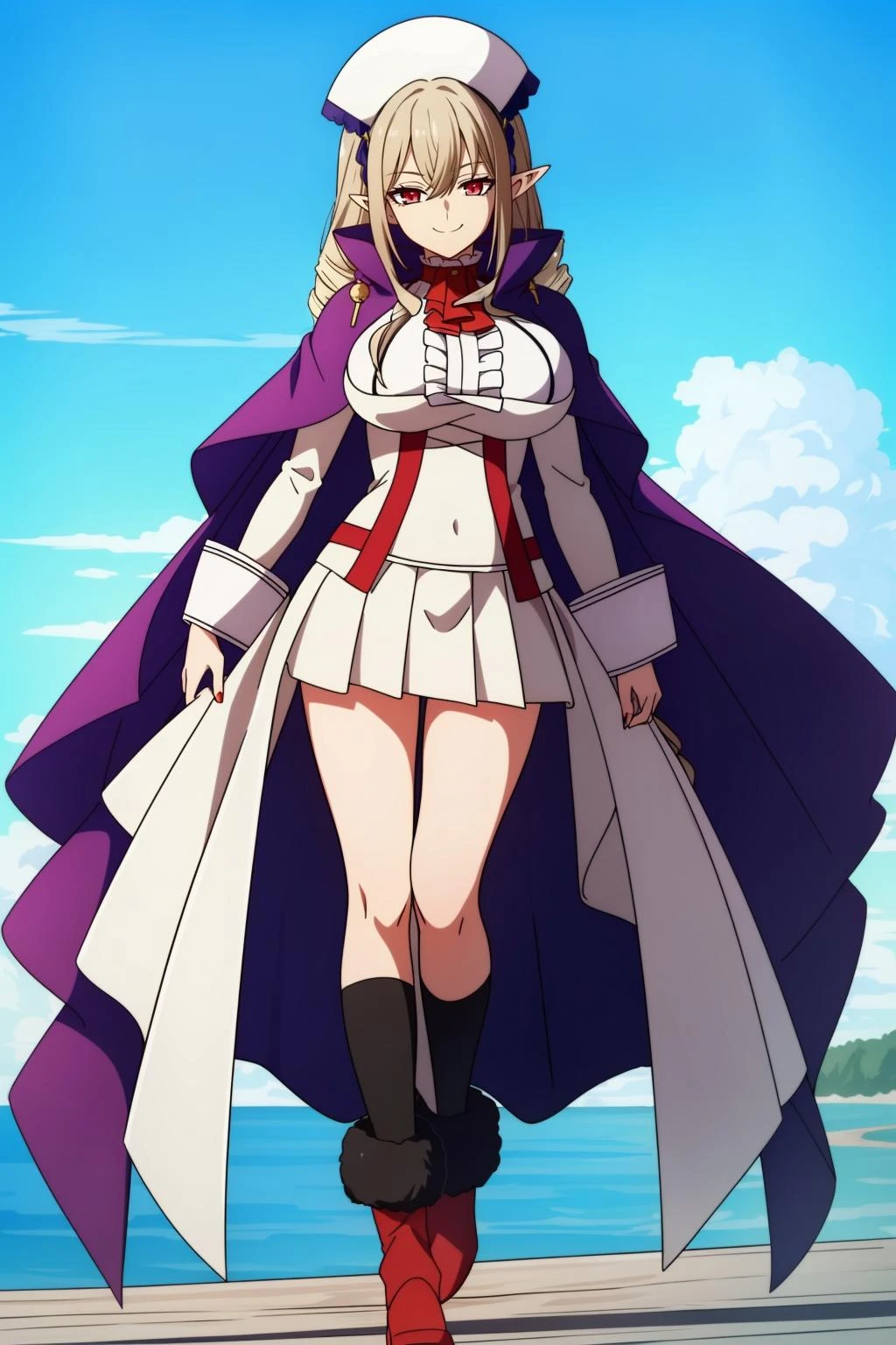 <lora:èè²äº1V-000007:0.6>,1girl,èè²äº,solo,long hair,hair between eyes,drill hair,pointy ears,sidelocks,red eyes,
hat,cape,skirt,navel,midriff,white dress,miniskirt,pleated skirt,frills,large breasts,red ascot,shirt,center frills,high collar,long sleeves,high collar,underbust,hairband,short sleeves,fingernails,full body,legs,
blue sky,black socks,kneehighs,boots,red footwear,fur trim,, Exquisite visuals, high-definition,masterpiece,best quality,