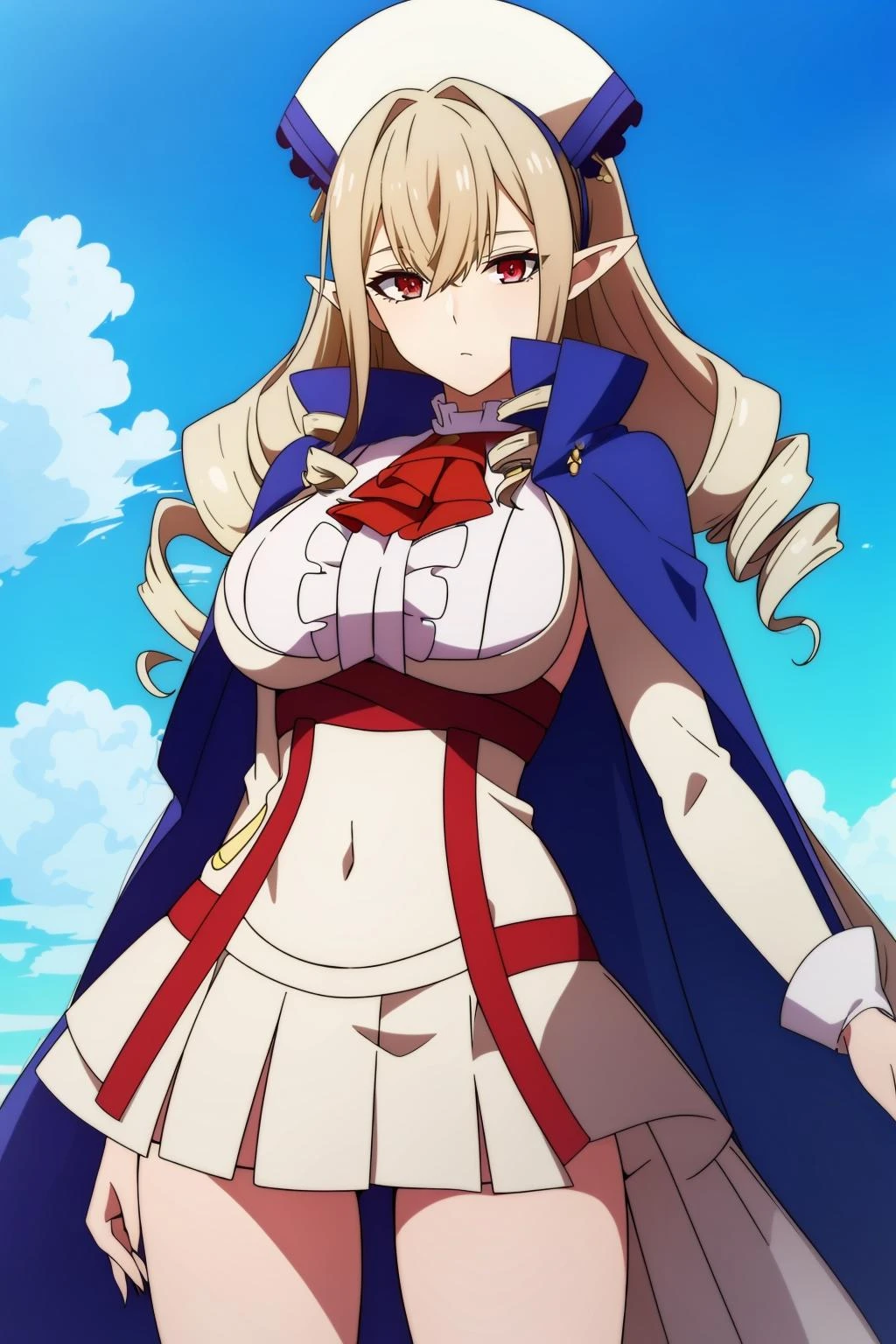 <lora:èè²äº1V-000007:0.6>,1girl,èè²äº,solo,long hair,hair between eyes,drill hair,pointy ears,sidelocks,red eyes,
hat,cape,skirt,navel,midriff,white dress,miniskirt,pleated skirt,frills,large breasts,red ascot,shirt,center frills,high collar,long sleeves,high collar,underbust,hairband,short sleeves,fingernails,cowboy shot,
blue sky,panties,, Exquisite visuals, high-definition,masterpiece,best quality,