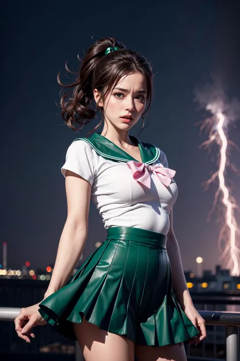 Mature woman, oval face, pony tail haircut, white sailor shirt with green details, green miniskirt with pleats.
masterpiece,best quality,High definition, high resolution
Sailor jupiter dress, very windy, action_pose, intense make-up
,more detail,night_view_background,1girl,looking at viewer,retro artstyle,sv1,rooftop
Dramatic light, anger expression. Lightnings in the background and sparks around her,sailor jupiter<lora:EMS-64461-EMS:0.800000>, <lora:EMS-80479-EMS:0.800000>