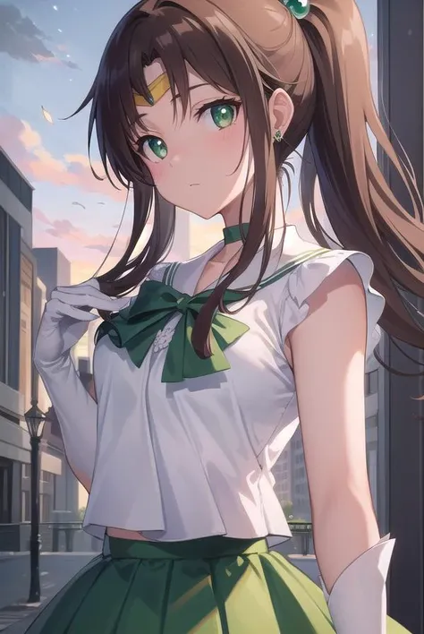 sailorjupiter, <lyco:sailorjupiter-lyco-nochekaiser:1>,
sailor jupiter, brown hair, circlet, (green eyes:1.5), hair bobbles, hair ornament, medium hair, ponytail, sidelocks, (parted bangs:1.5),
BREAK back bow, bow, bowtie, brooch, choker, earrings, elbow gloves, flower earrings, gem, gloves, green choker, green gemstone, green sailor collar, green skirt, jewelry, miniskirt, pink bow, pink bowtie, pleated skirt, sailor collar, shirt, short sleeves, sidelocks, skirt, white gloves, white shirt,
BREAK outdoors, night, sky, star \(sky\), moon,
BREAK looking at viewer, (cowboy shot:1.5),
BREAK <lyco:GoodHands-beta2:1>, (masterpiece:1.2), best quality, high resolution, unity 8k wallpaper, (illustration:0.8), (beautiful detailed eyes:1.6), extremely detailed face, perfect lighting, extremely detailed CG, (perfect hands, perfect anatomy),