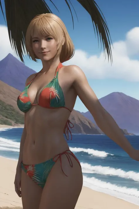 1girl,mid_telamon,looking at viewer,<lora:mid_sdxl_V2:0.65>,upper_body,smile,bikini,beach,ocean,waves,palm tree,mountain,