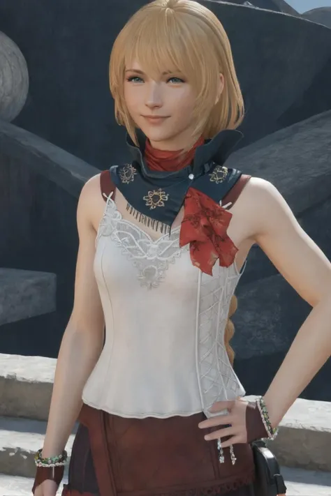 ((((masterpiece, best quality, high resolution)))), Extremely detailed 8K, Beautiful girl with voluptuous body, (Ultra HD, Ultra-detailed, Highly detailed, Highly realistic, Ultra-realistic, photograph realistic), (1girl:1.5), (Realistic blonde hair), (long wavy hair, hair ornaments, earrings), (dynamic poses), facing at camera, looking at viewer, (blushing red, embarrassed, smile), (red eyes, sharp eyes), (large perky breasts:1.2), (beautiful detailed face, beautiful detailed eyes), ((off shoulder sundress)), (body tattoo:1.3), (standing up), sweat, glow, (sunbeam, sunlight), ((cowboy shot)), garden, seductive