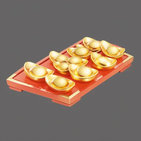 Concept art,in-game currency props,gold ingots,no people,gray background,simple background,still life,rows of gold ingots,red tray,<lora:jinbi:0.8>,