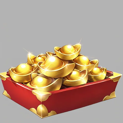 Concept Art, In-Game Currency Props, Chinese Ingots, No Humans, Still Life, Gray Background, Simple Background, Gold Ingots, Piles of Gold Ingots, Box, Shiny<lora:jinbi:0.8>,