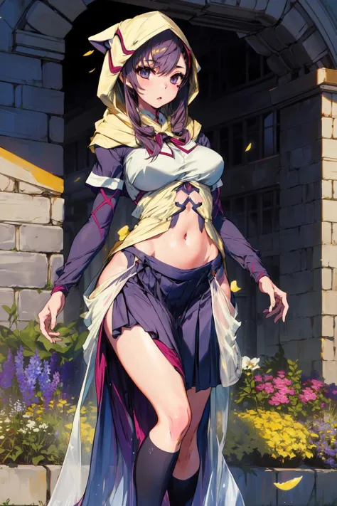 masterpiece,best quality,1girl,Wisp,pelvic curtain,hood,medium breasts,wide hips,((school uniform)),modern school,flowerbed,<lora:wisp:0.6>,