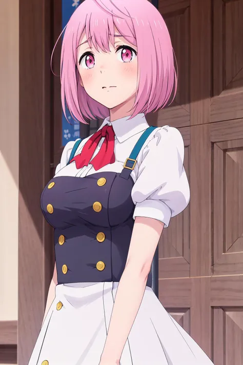 ((Table t○p, highest quality, Hi-Res Lucifer,Anime Screen Capture、Pixel perfect, 8k)))、nsfw、Perfect Anatomy、Female police officer、(((low length、Small breasts、Wide Hips、Wide hips、Thick thighs、Right hand salute、Left hand on hip)))、(((Short Hair、Wavy Hair)))、Police Hat、(((Skirt flipped up by the wind、light blue sleeveless shirt、Navy Blue Pencil Skirt、White Panties)))、Sweat, vapor,(Orange Eyes)、((Pink Hair)),One eye closed、 ((((smile、blush))))、(In town)