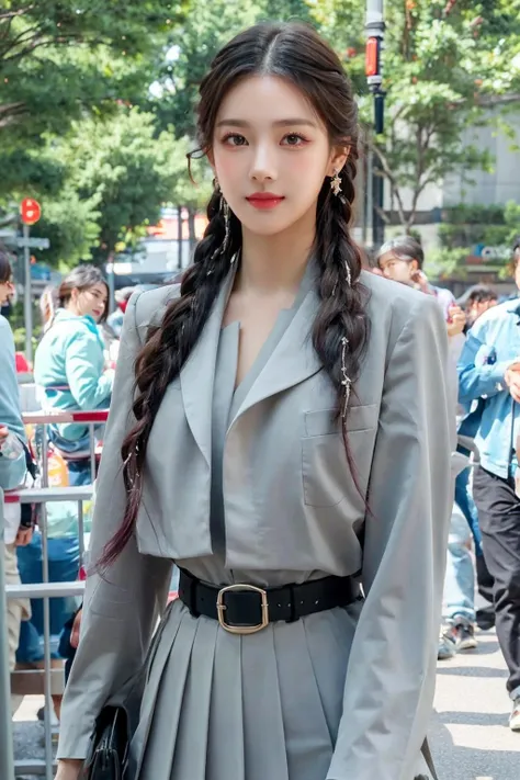 realistic, photorealistic, best quality, masterpiece, ultra high res, finely detailed, quality, realistic lighting, detailed skin, intricate details, raw photo, absurdres, highres, ultra detailed, BREAK, 1girl, sol, looking at viewer, 18 years old, hand of Guido Daniele, (pantyhose, high heels, twin braids, bag, braid, skirt, waving, black footwear, holding, holding bag, grey jacket, jacket, solo focus, handbag, black hair, belt, jewelry, blurry background, earrings, long hair, blurry, outdoors, shirt, multicolored hair, black belt, grey skirt, smile, blush), (beautifu and aesthetic face, detailed face, clean facial features, an extremely delicate and beautiful, beautiful detailed eyes, stars in the eyes, Pink lips, Glowing Eyes, perfect face, detailed pupils, Makeup:1.1), (nice hands, sexy, slim, large breasts, skinny, narrow waist, human anatomy:1.1), (detailed light, beautiful detailed glow, detailed background:1.1), (reflection, refraction, Rembrandt lighting, diffuse lighting, radiosity, photon mapping, subsurface scattering, dynamic lighting, Multi-exposure HDR capture, Screen Space Global Illumination, Ray Tracing, Lumen Reflections, Tone Mapping, volumetric lighting, Circular polarizer, broad lighting, dramatic lighting:1.1), BREAK, explosive light and shadow, sharp focus, film grain, rim lighting, two tone lighting, rim light, Overdetailed art, official art, beautiful and aesthetic, beautiful, elegant, vivid colours, warm tone, soft light, delicate, Ultrarealistic, Detailed illustration, extremely detailed CG Unity 8k wallpaper, PBR Texturing, huge filesize, 8k uhd, octane render, unreal engine 5, BREAK, <lora:GoodHands-beta2:1>, <lora:yuanying:0.8>, yuanying